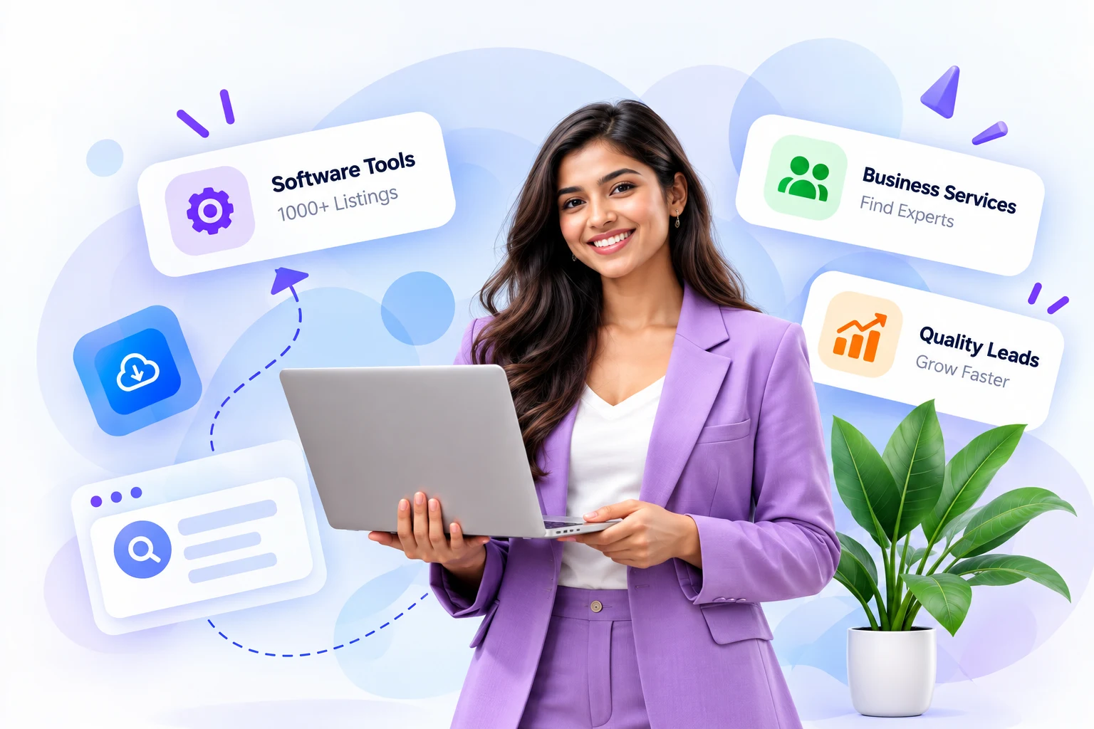 A professional holding a laptop, surrounded by callouts for software tools, business services, and quality leads