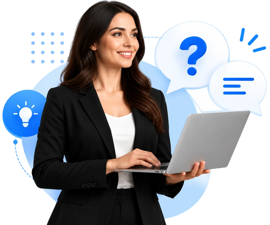 FreeSoftwareX support specialist with a laptop, ready to answer frequently asked questions