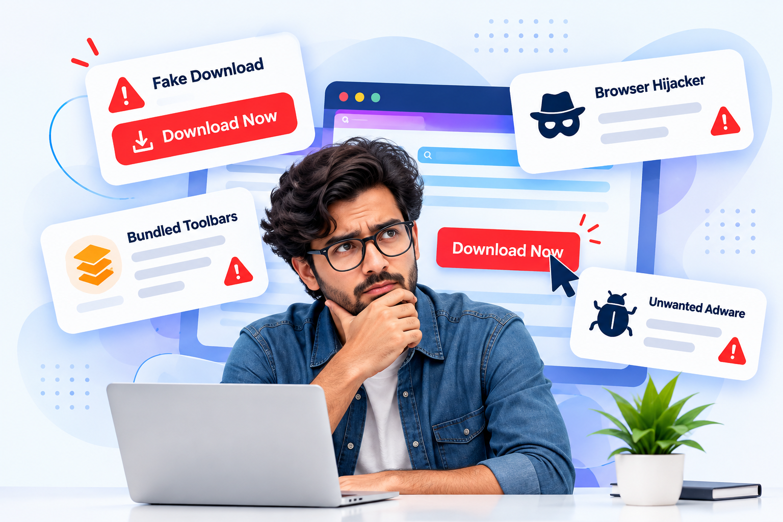 A person weighing up a download decision, surrounded by warnings for fake downloads, bundled toolbars, browser hijackers, and unwanted adware